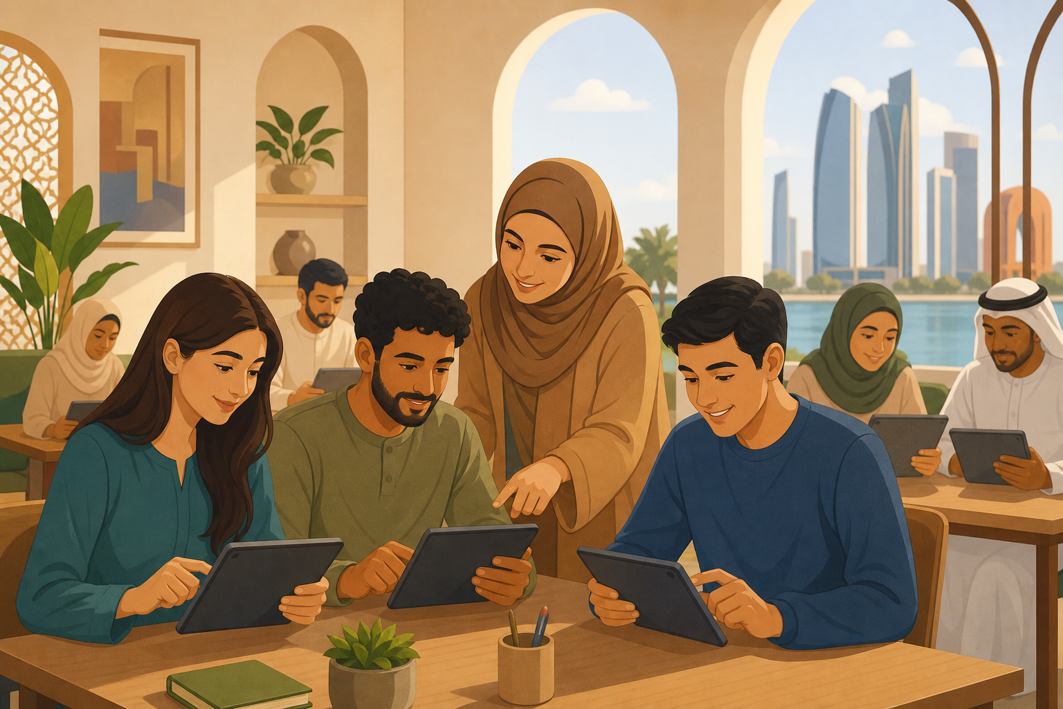 Adults and young people complete an Arabic language quiz in a community learning room.