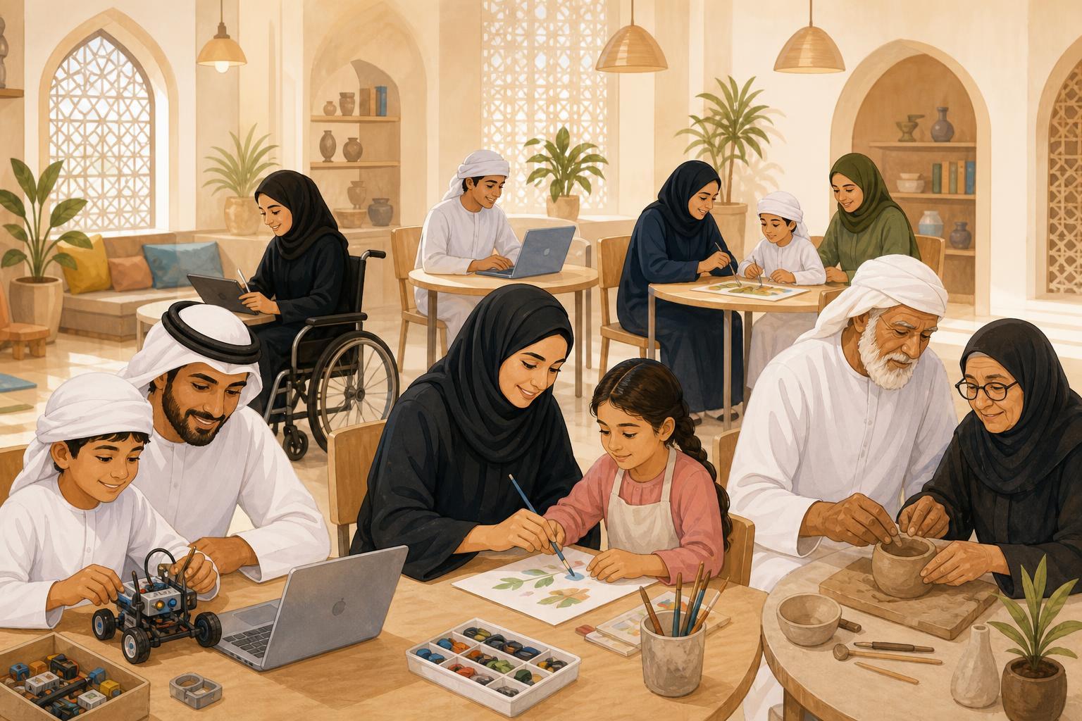 An illustration of Emirati children and adults from different generations learning together during a community summer program.