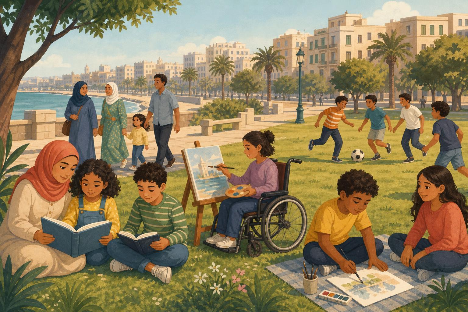 Children and families take part in reading, painting, and sports activities in an Alexandria public space.