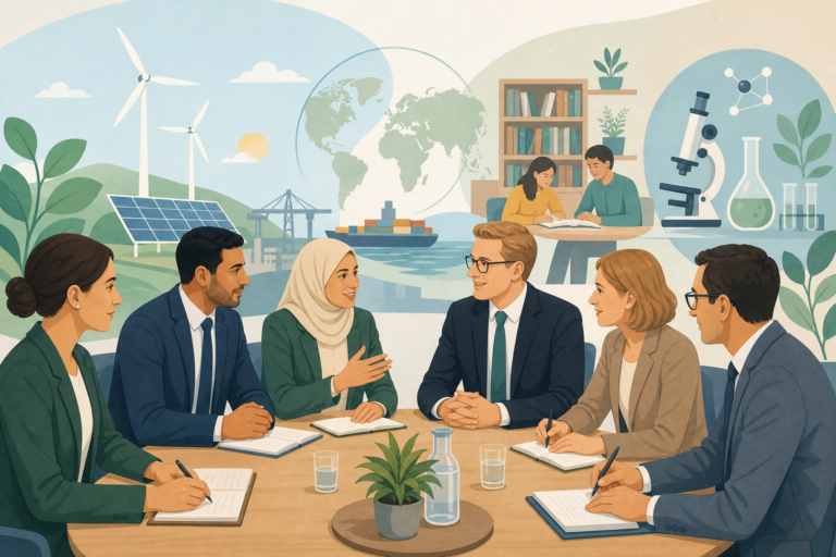 A calm illustration of Algerian and German professionals discussing cooperation in energy, trade, education, and research.