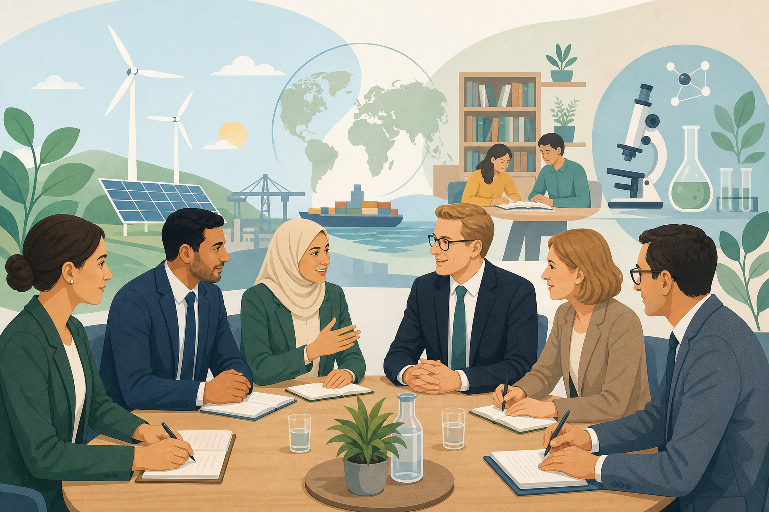 A calm illustration of Algerian and German professionals discussing cooperation in energy, trade, education, and research.