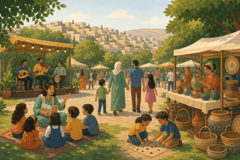 A stylized illustration of families, children, folk performers, and artisans at a summer festival in an Amman park.