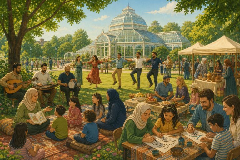 Families enjoy Arab music, dabke, storytelling, calligraphy, food, and handicrafts beside a Liverpool park glasshouse.