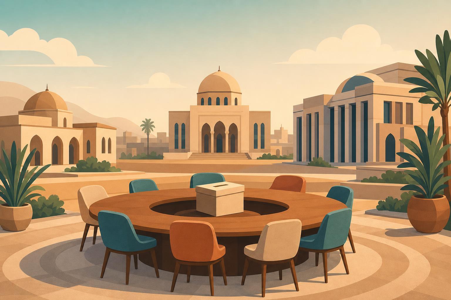An editorial illustration of a round meeting table, a ballot box, and civic buildings symbolizing dialogue and elections in Libya.