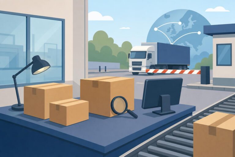 A simple editorial illustration of shipping boxes being inspected at a customs desk.