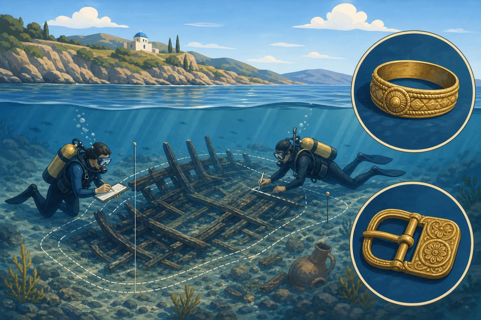Stylized editorial illustration of underwater archaeologists studying a Byzantine shipwreck and gold objects near Croatia.