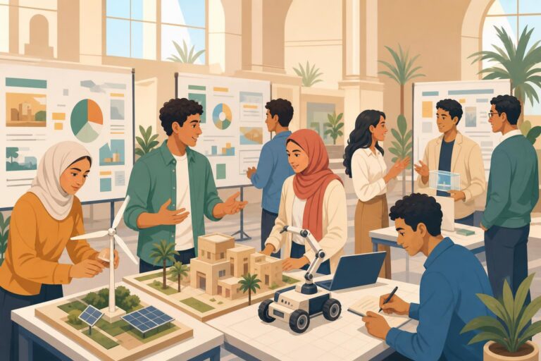 Students and researchers present science and technology projects at a university exhibition.