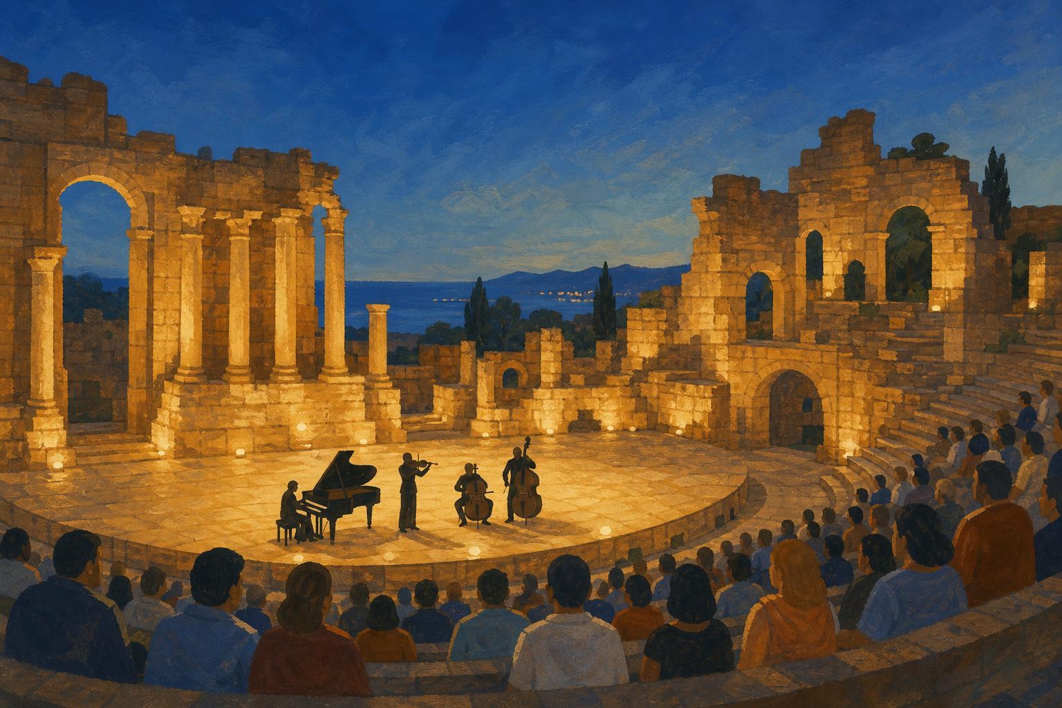 Editorial illustration of an evening musical performance in Carthage’s ancient Roman theatre.