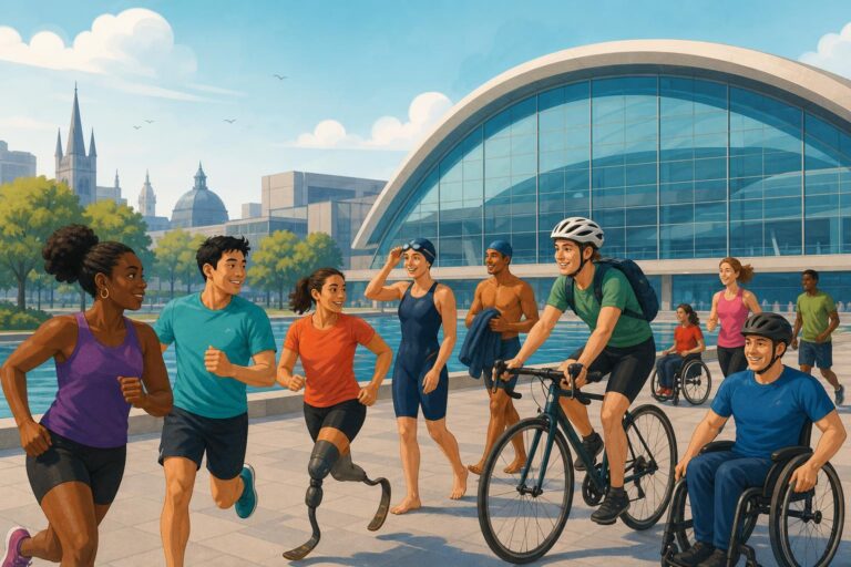 An editorial illustration of diverse athletes arriving at a sports arena in Glasgow.