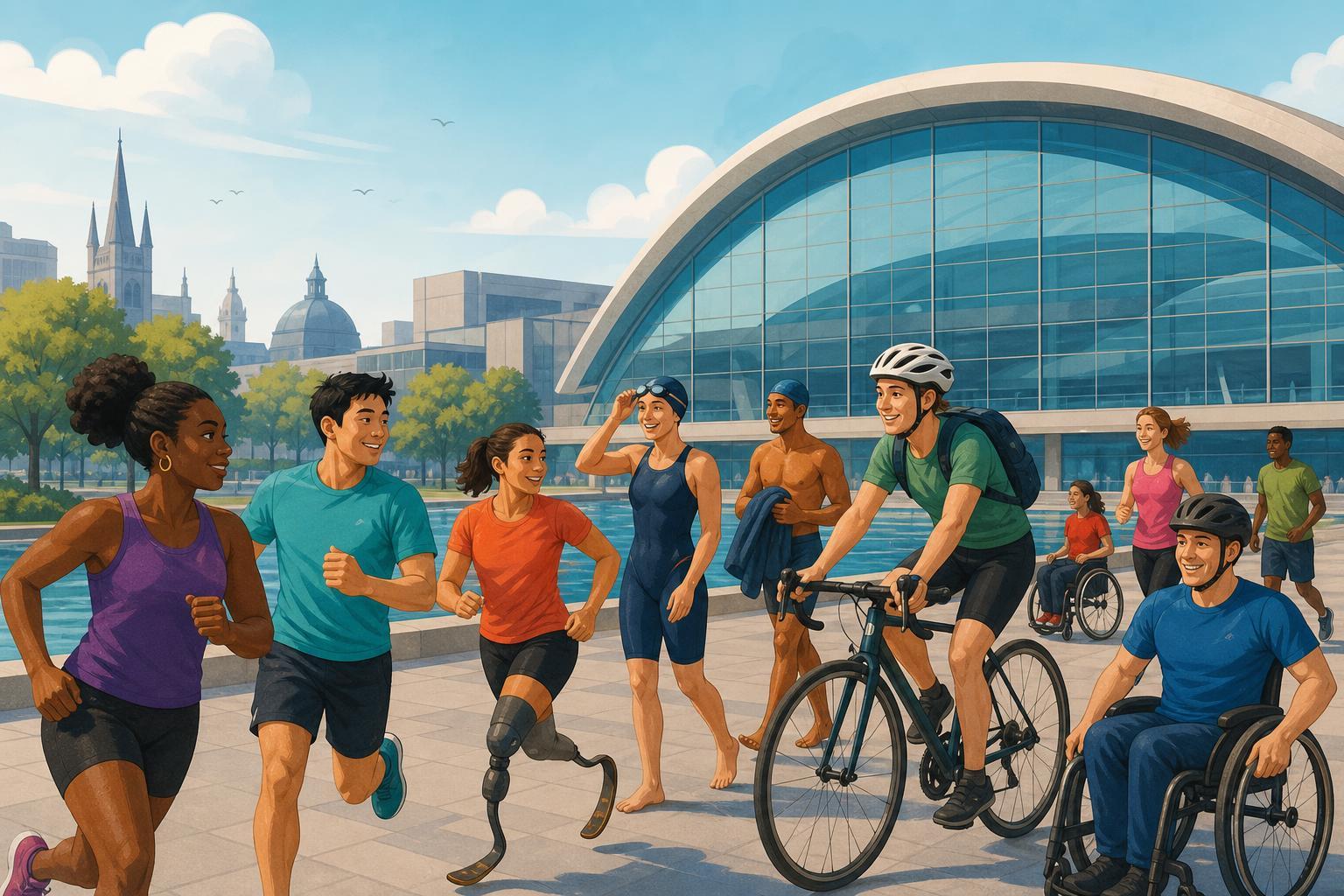 An editorial illustration of diverse athletes arriving at a sports arena in Glasgow.