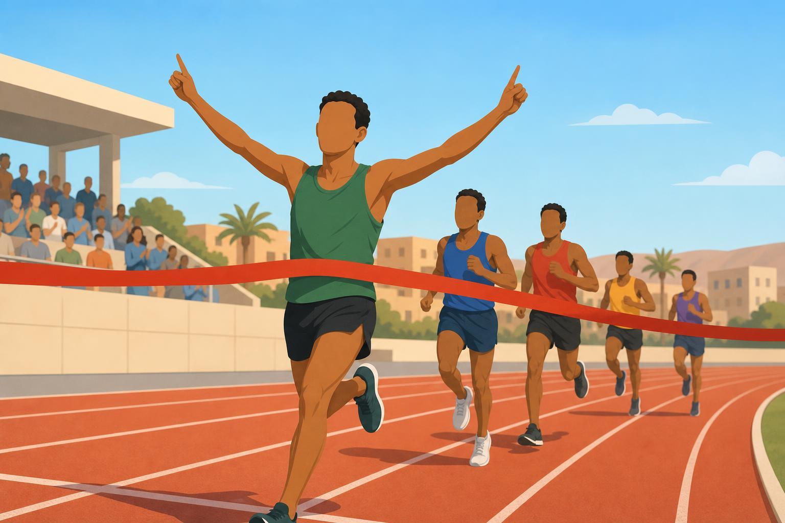 Editorial illustration of a North African runner winning a close 800-metre race.