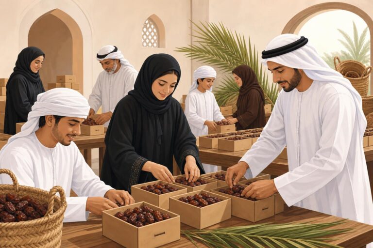 Community volunteers arrange boxes of fresh dates for families in Dubai.