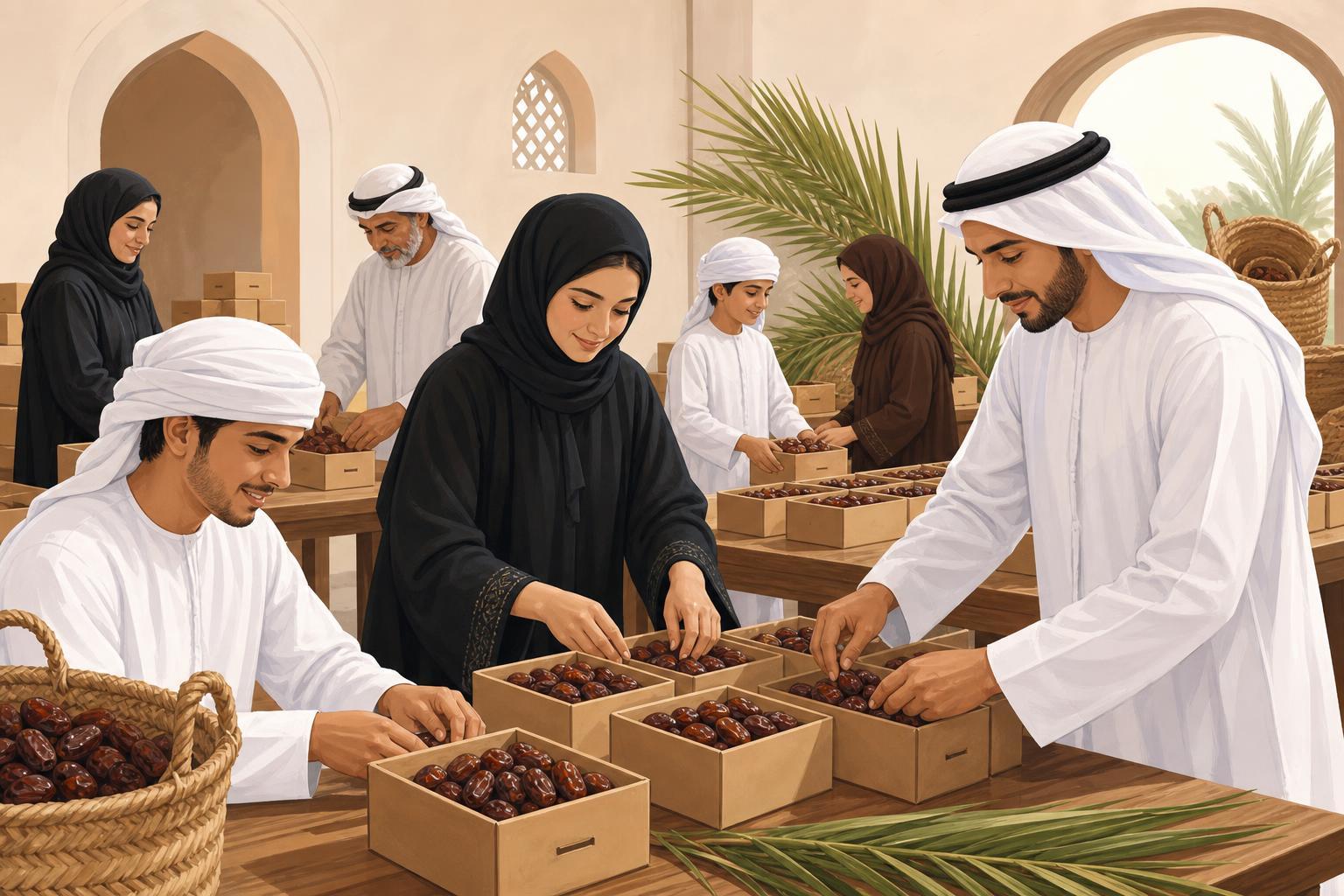 Community volunteers arrange boxes of fresh dates for families in Dubai.