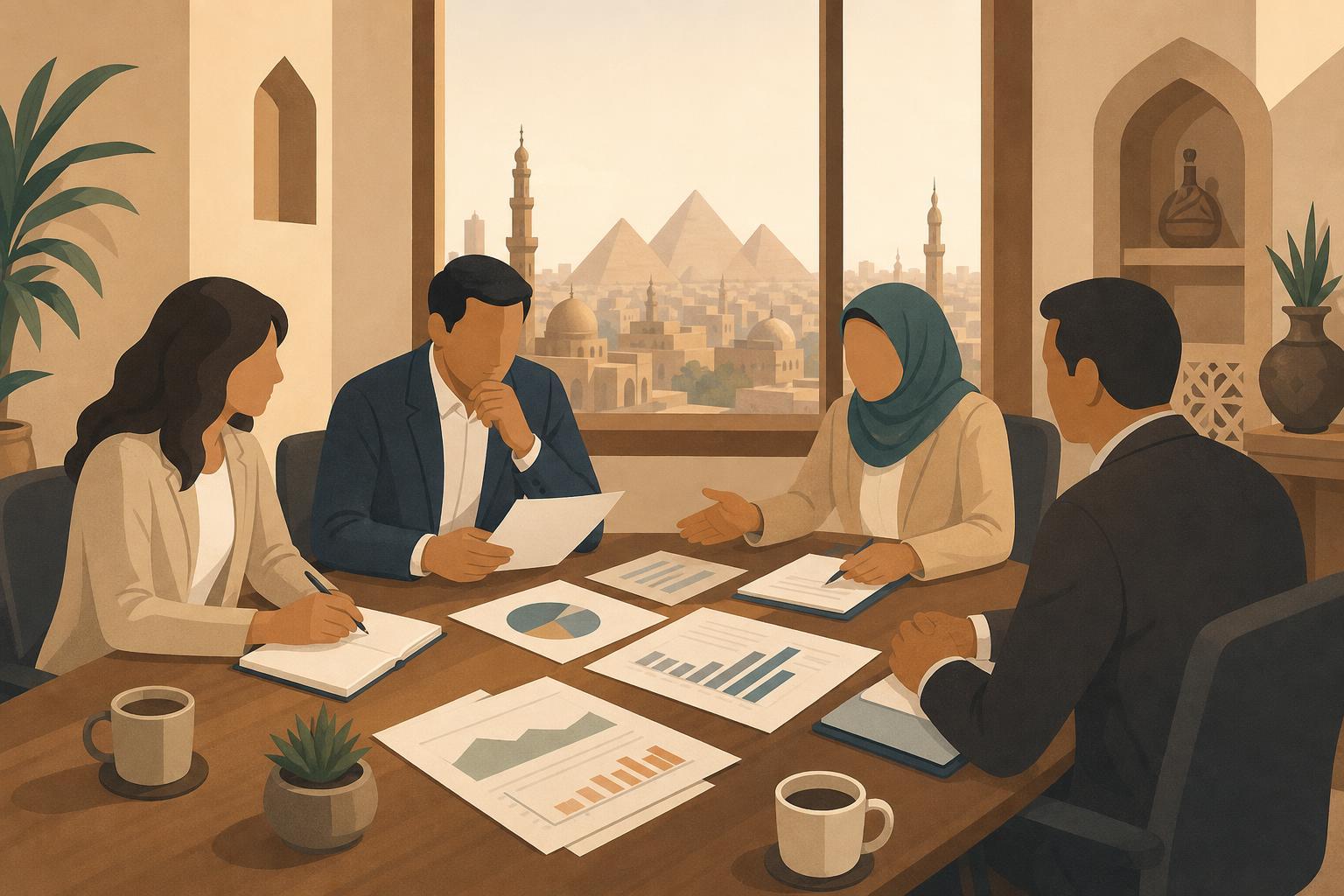 A simple editorial illustration of anonymous officials discussing an economic program around a meeting table.