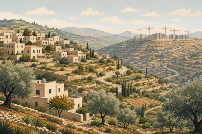 A calm editorial illustration of terraced hills, Palestinian communities, olive trees, roads, and distant construction in the occupied West Bank.