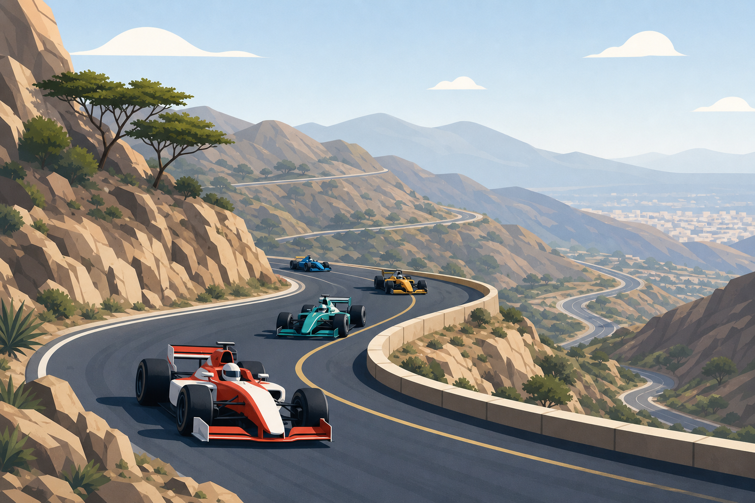 Editorial illustration of race cars driving up a winding mountain course near Taif.