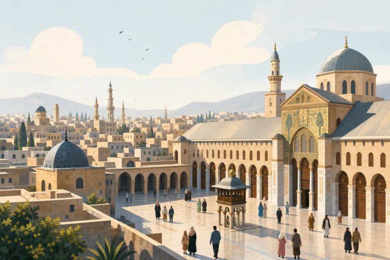 A stylized editorial illustration of historic Damascus, the Umayyad Mosque, and residents walking peacefully.
