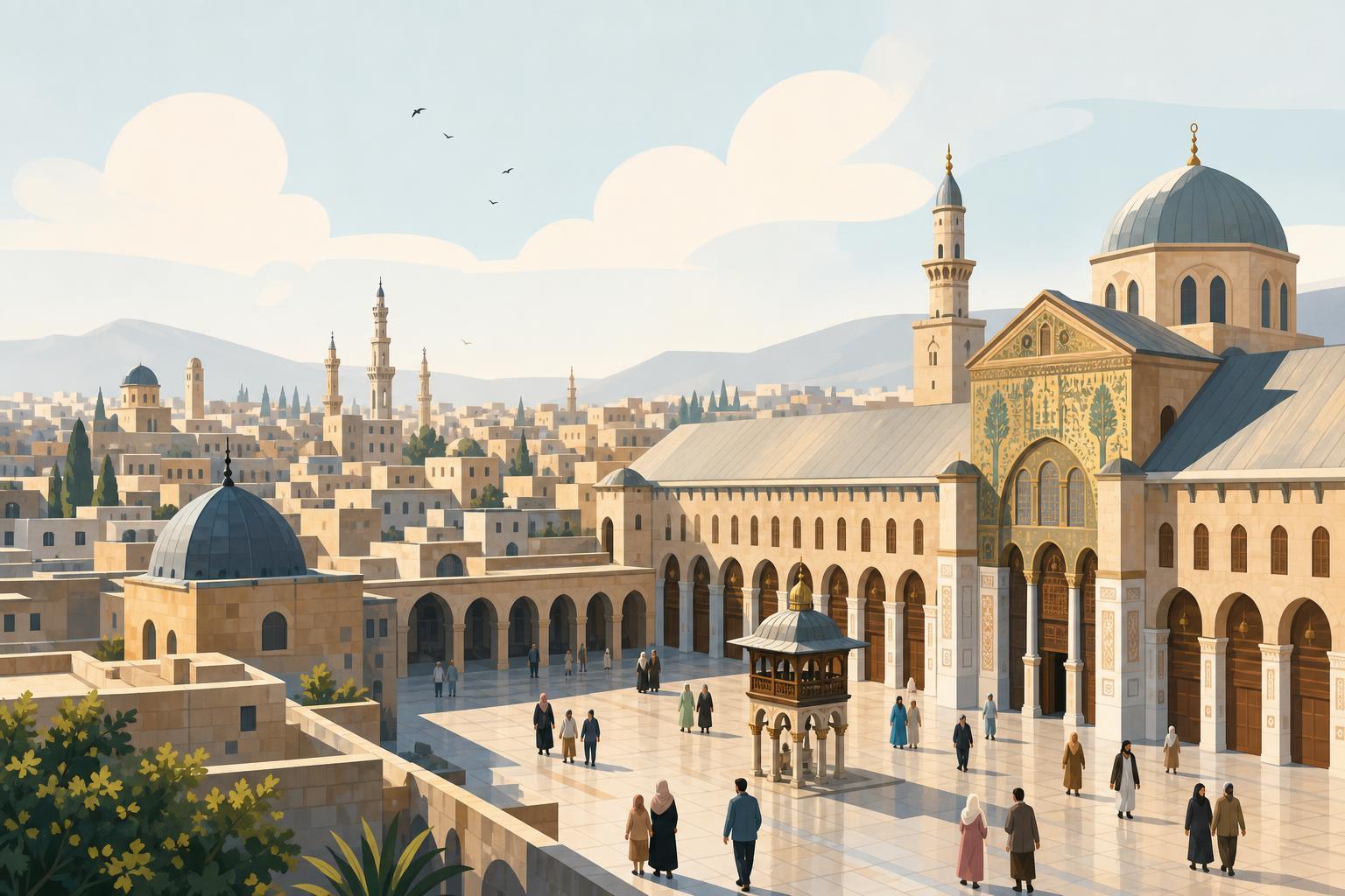 A stylized editorial illustration of historic Damascus, the Umayyad Mosque, and residents walking peacefully.