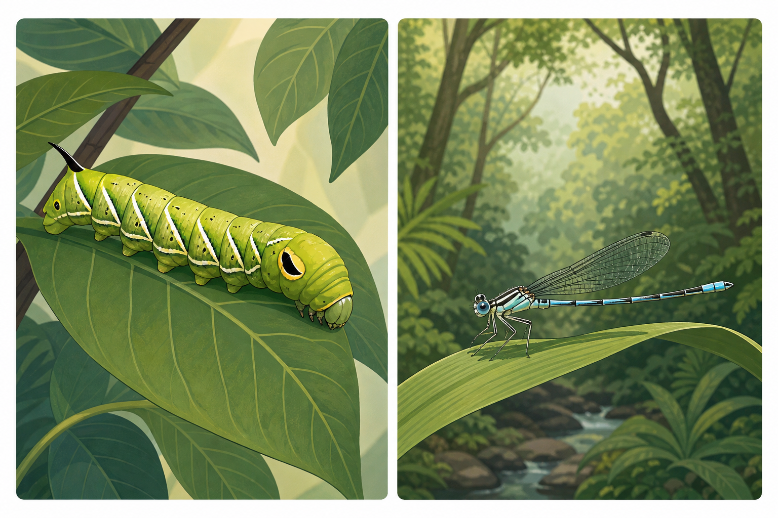 A simplified editorial illustration of a rare moth caterpillar and a Hawaiian damselfly in green forest habitats.