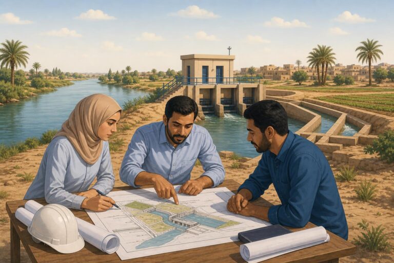 Editorial illustration of Iraqi engineers planning water and irrigation projects beside a river.