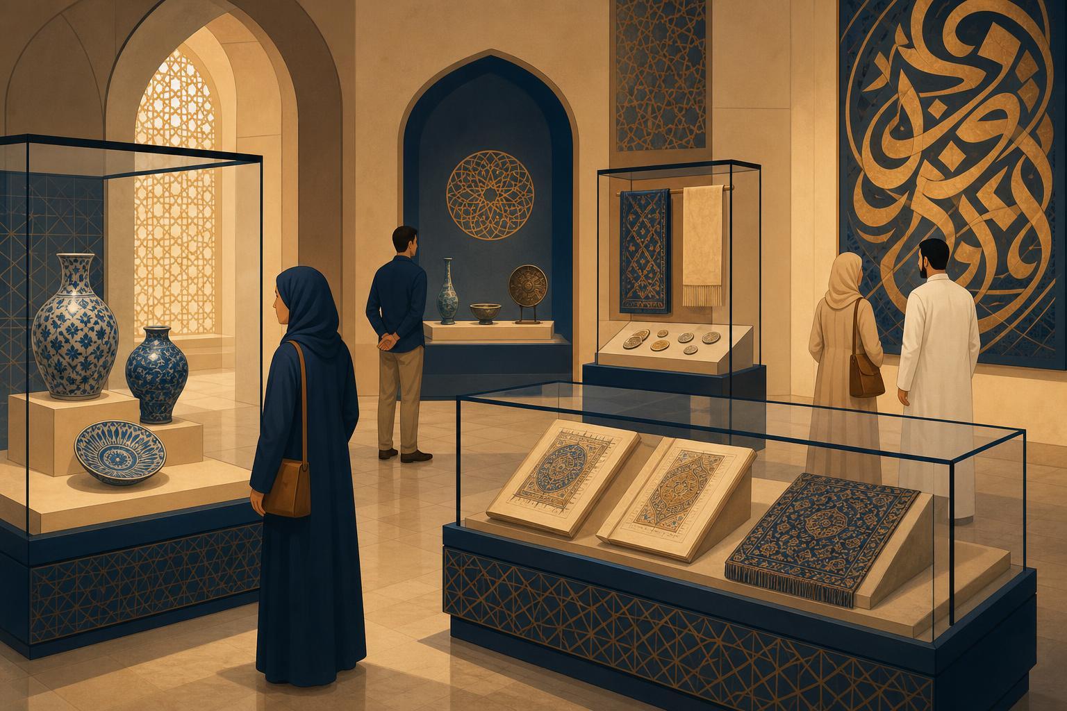 Illustrated visitors viewing Islamic art objects in a museum gallery in Jeddah.