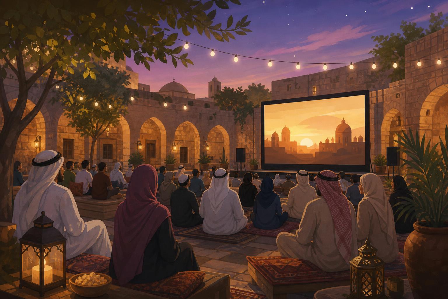 An illustrated audience watches an outdoor Arab film screening in a historic stone courtyard.