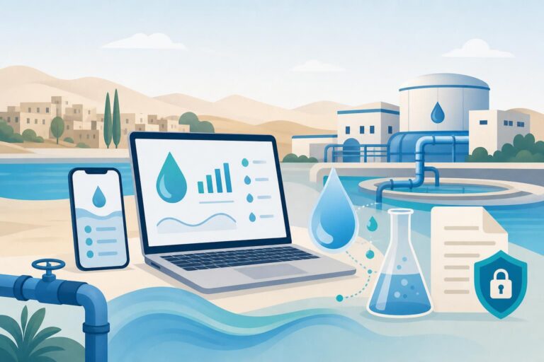 Editorial illustration of digital devices, water droplets, pipes, and secure online water-service symbols.