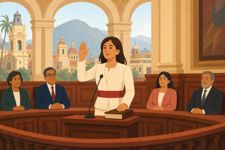 A stylized illustration of a woman taking the presidential oath inside a parliamentary chamber.