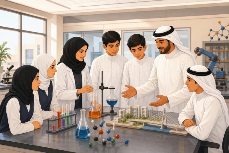 Secondary-school students explore science and engineering during a university visit in Kuwait.