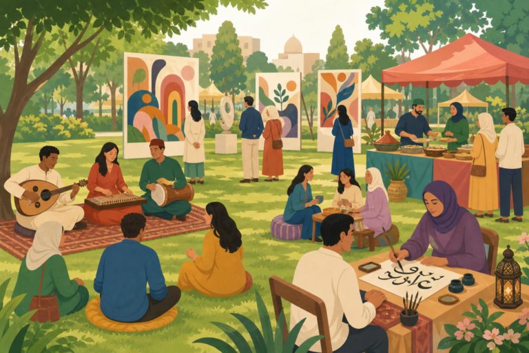 A stylized illustration of families enjoying music, art, food, and calligraphy activities in a green park.