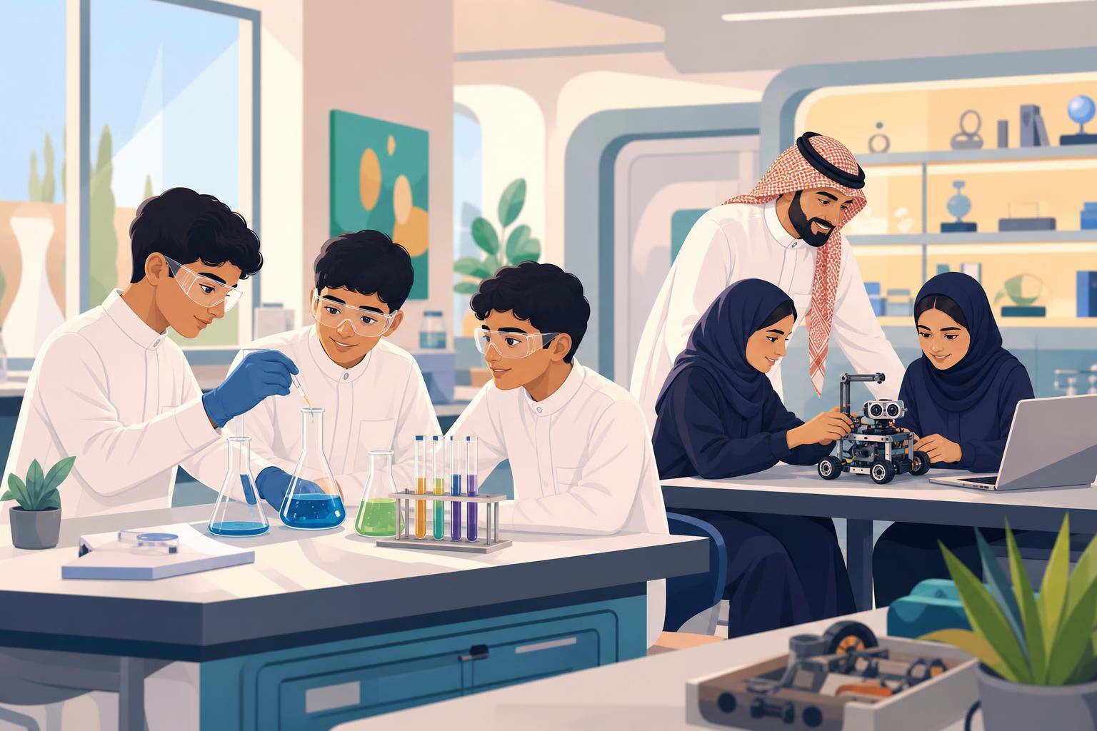 An editorial illustration of Saudi students conducting a science experiment and programming a classroom robot.