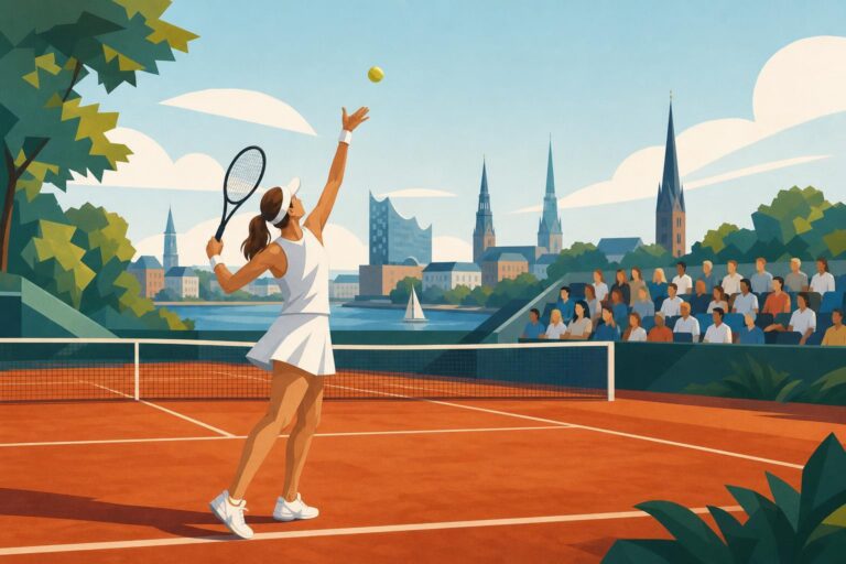 Stylized editorial illustration of a female tennis player serving on a clay court.