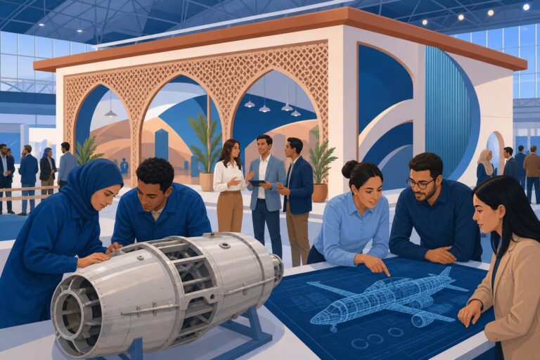 Editorial illustration of Moroccan engineers and trainees presenting civilian aerospace technology at an international exhibition.