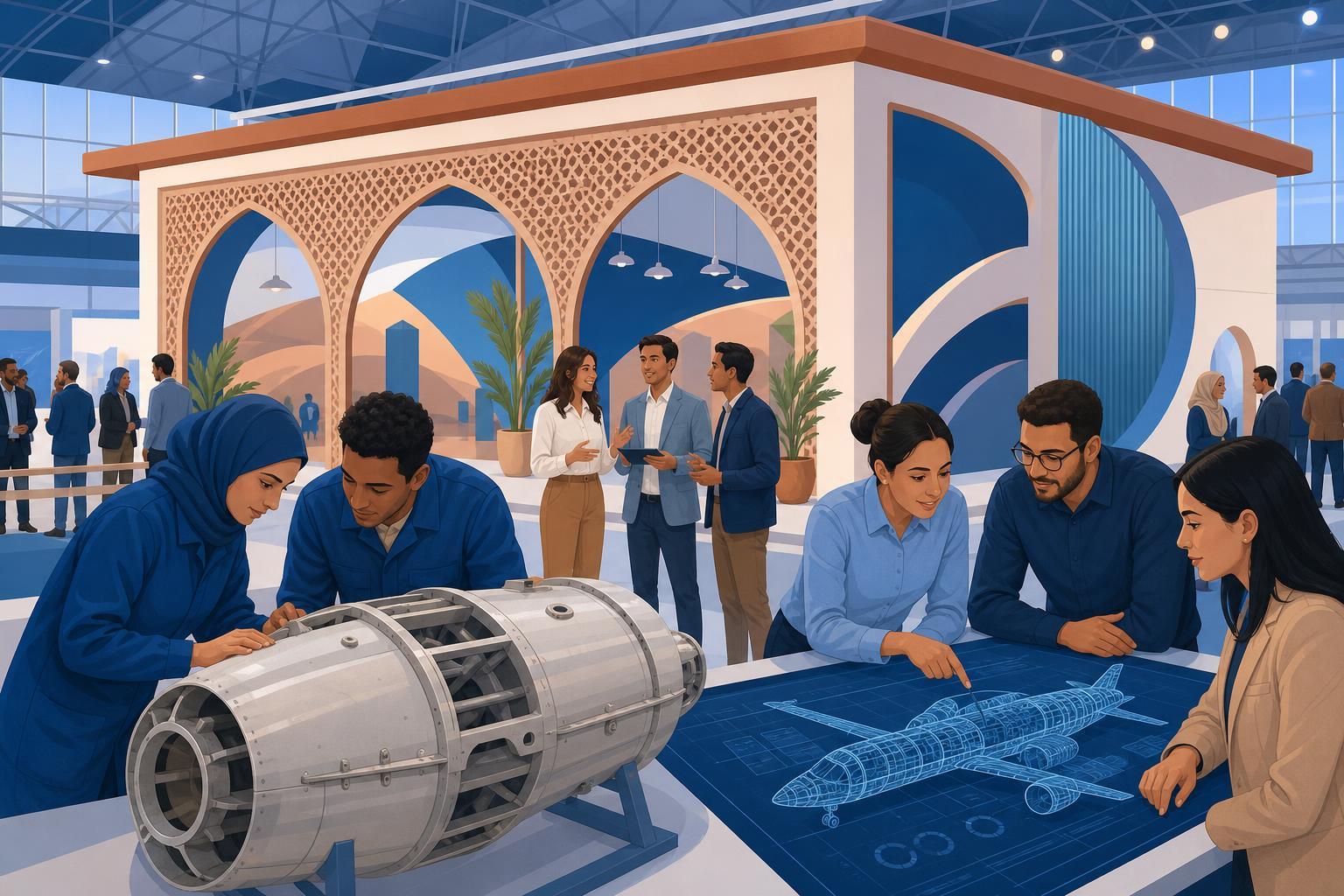 Editorial illustration of Moroccan engineers and trainees presenting civilian aerospace technology at an international exhibition.