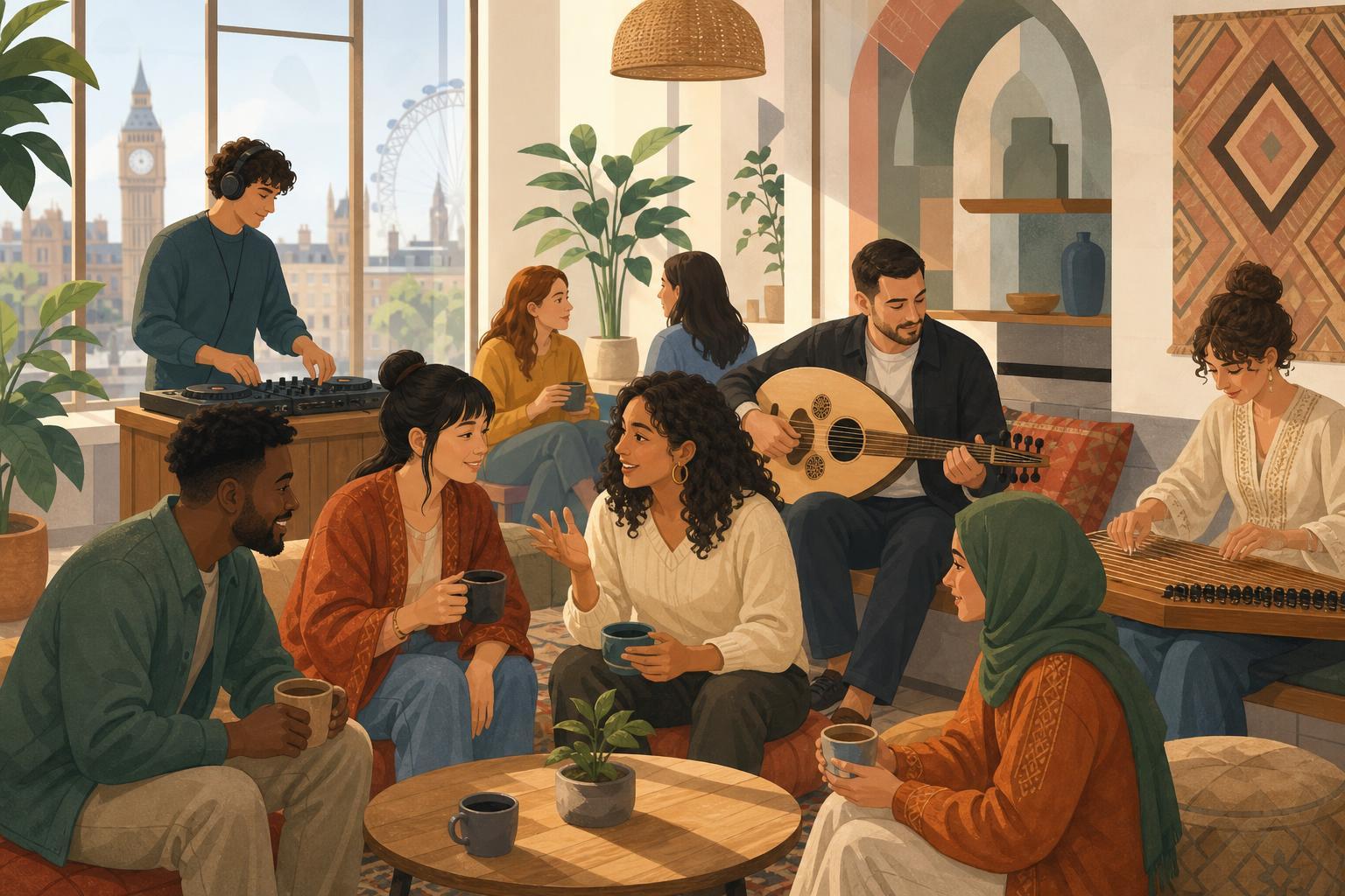 An illustration of guests sharing coffee and enjoying Arab and Western music at a daytime community gathering in London.