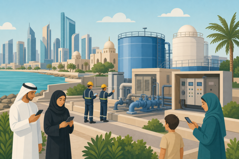 A simple editorial illustration of emergency workers checking a water and electricity facility in a Gulf city.