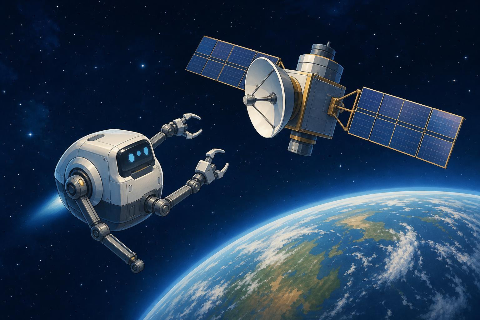 Stylized illustration of a two-armed robotic spacecraft approaching a communications satellite above Earth.