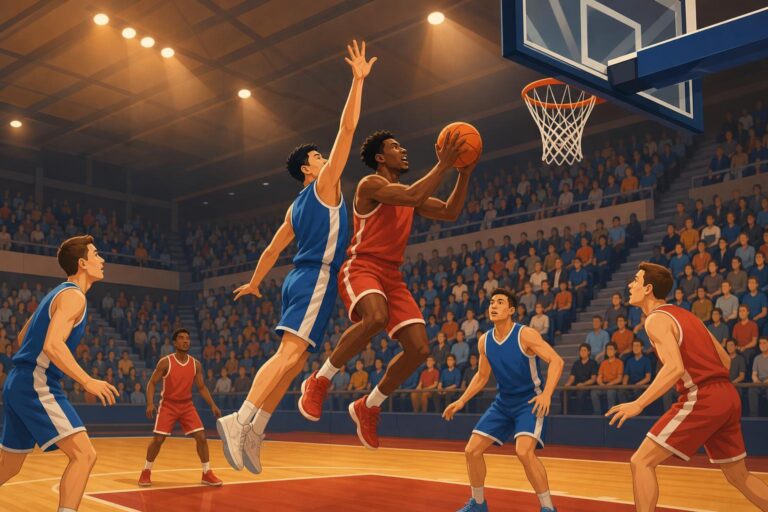 Editorial illustration of two basketball teams playing a close game in an indoor arena.