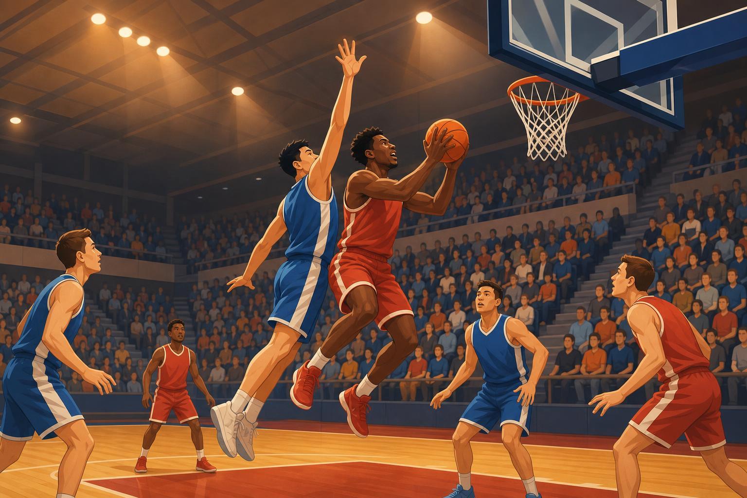 Editorial illustration of two basketball teams playing a close game in an indoor arena.