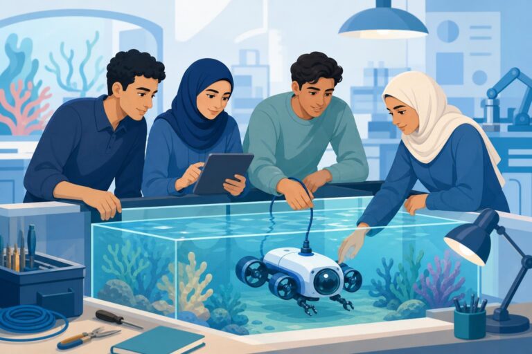 University students test a small underwater robot beside a laboratory water tank.