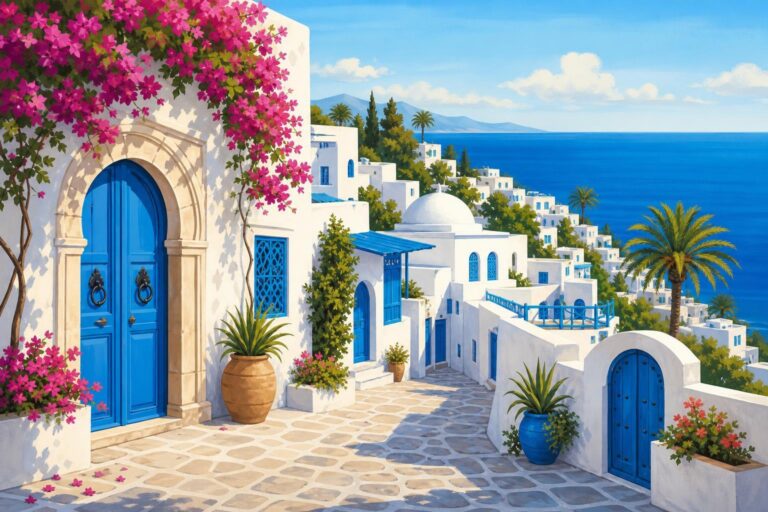 An editorial illustration of Sidi Bou Said, showing white houses, blue doors, old streets, and the Mediterranean Sea.