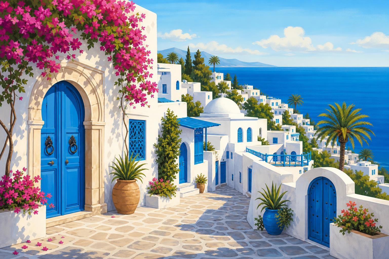 An editorial illustration of Sidi Bou Said, showing white houses, blue doors, old streets, and the Mediterranean Sea.