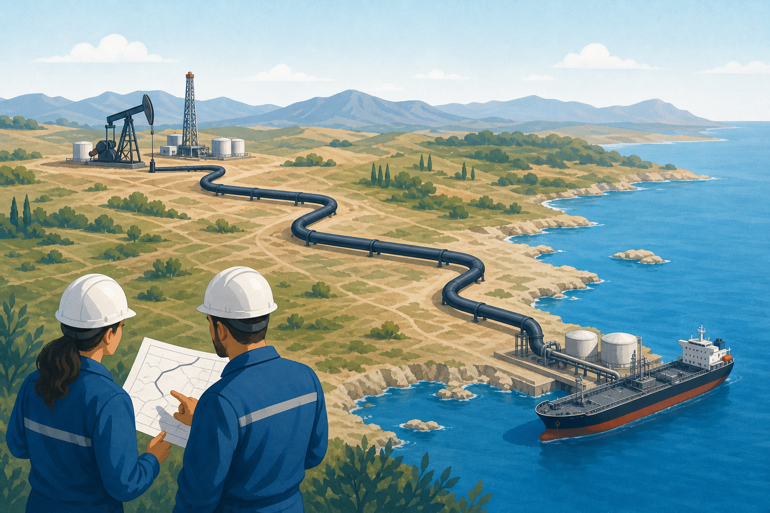 Educational illustration of engineers reviewing plans for an oil pipeline between Kirkuk and the Mediterranean port of Baniyas.