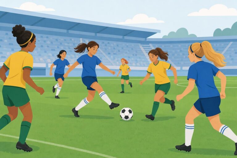 Flat editorial illustration of teenage girls playing football at a regional tournament in Jordan.