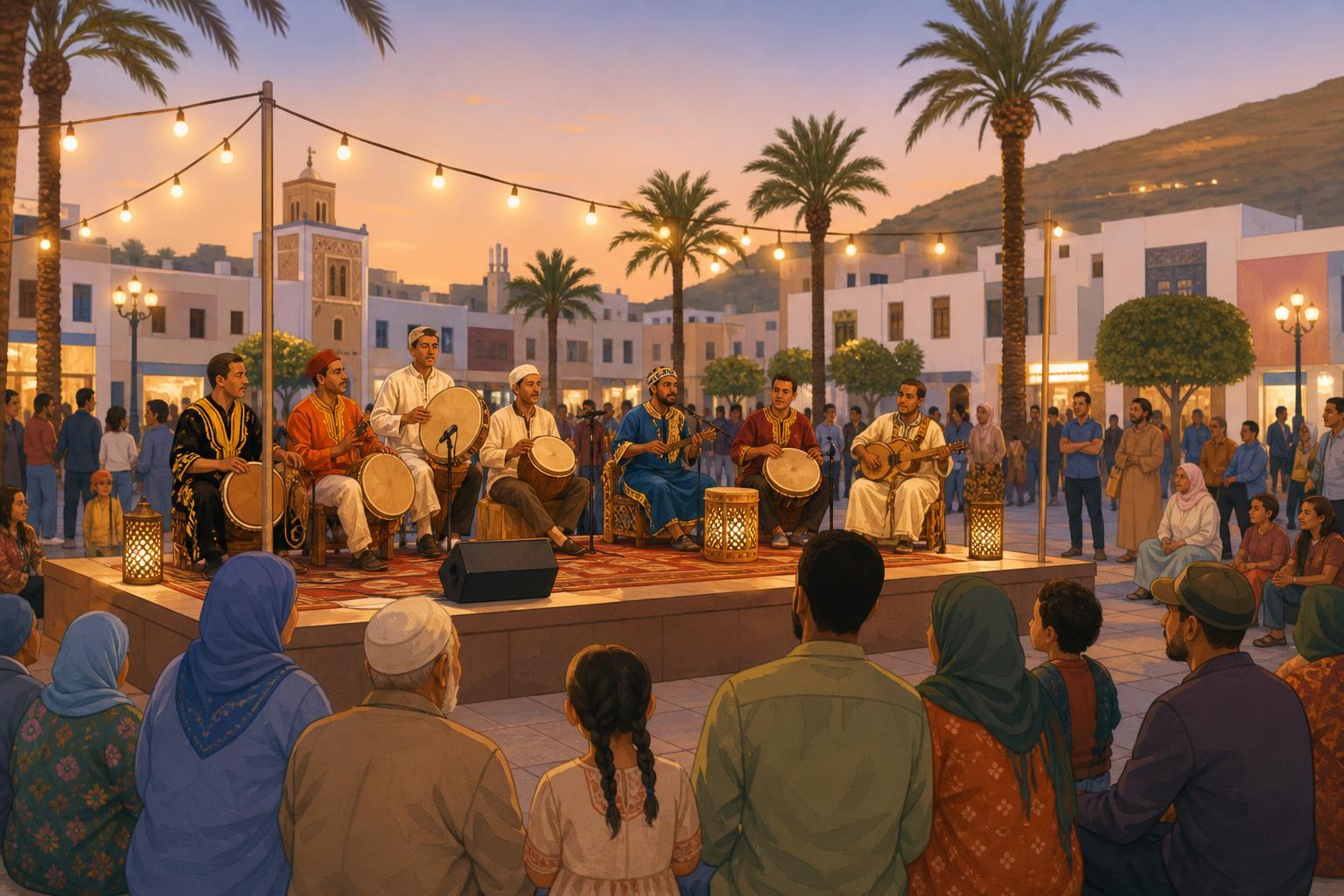 An illustration of musicians performing for families and visitors at an outdoor festival in Agadir.