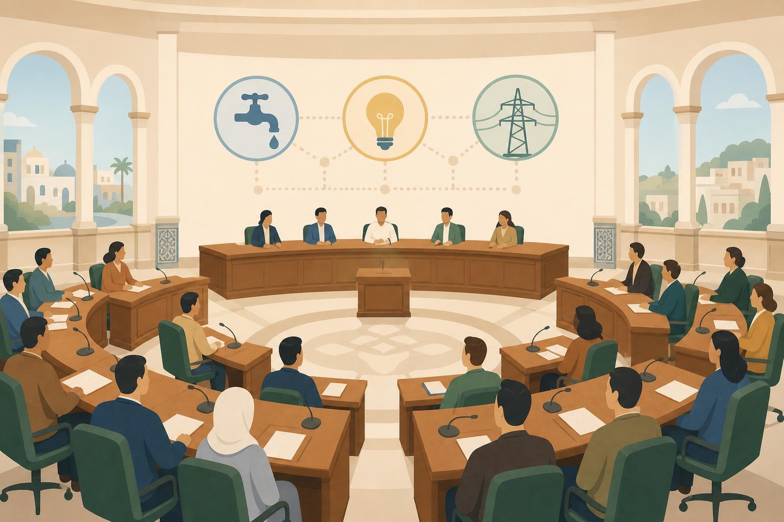 A calm editorial illustration of Tunisian lawmakers discussing water and electricity services.