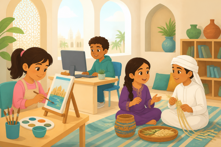 An illustration of children enjoying art, technology, storytelling, and crafts at a summer learning programme in the UAE.