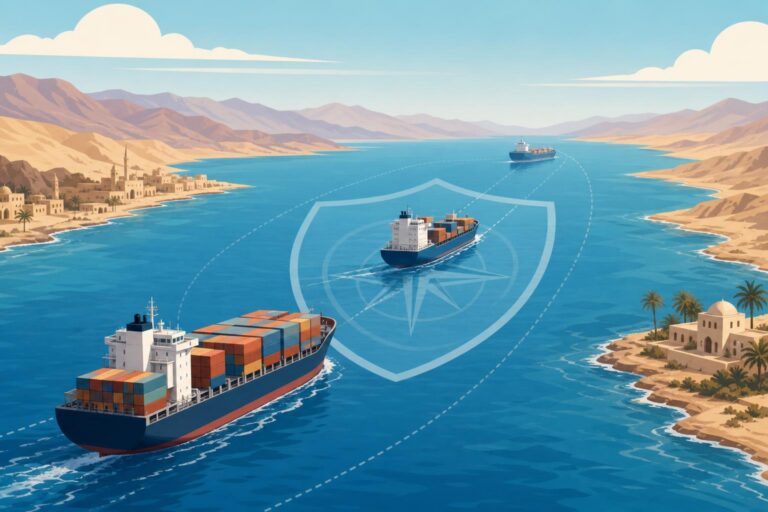 Civilian cargo ships traveling through a calm Red Sea shipping corridor.