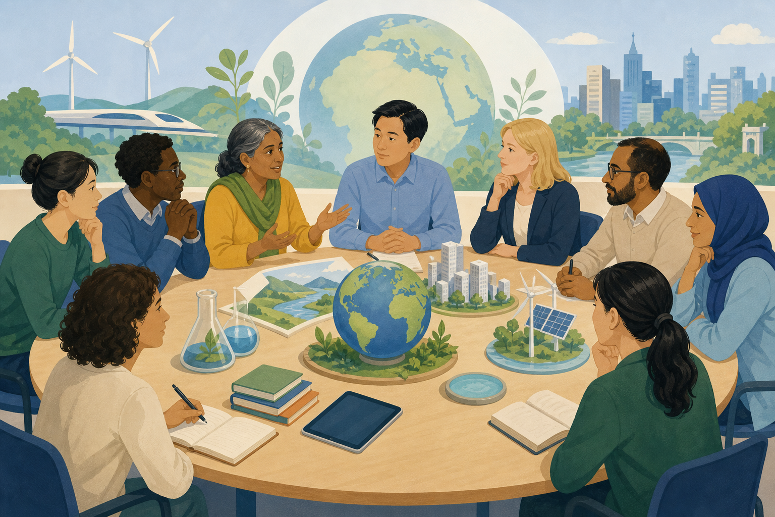 An editorial illustration of international participants discussing science and sustainable development.