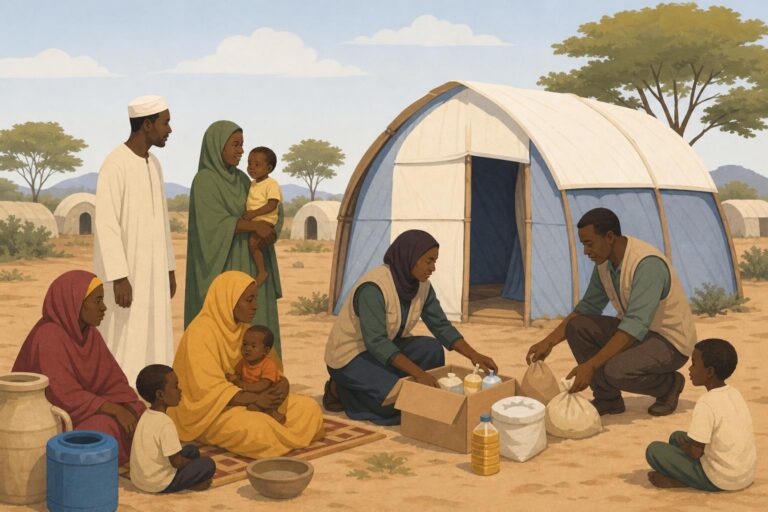 A respectful editorial illustration of displaced families waiting for food and water assistance near El Obeid, Sudan.
